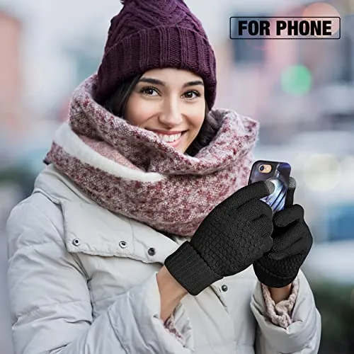 2 Pairs Women's Winter Touchscreen Gloves Warm Fleece Lined Knit Gloves Elastic Cuff Winter Texting Gloves (Grey, Beige)