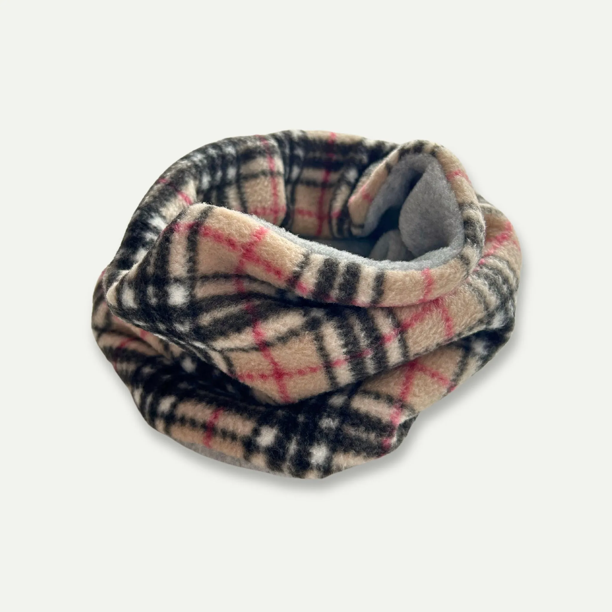 Beige & Grey Tartan Reversible Fleece Pet Snood