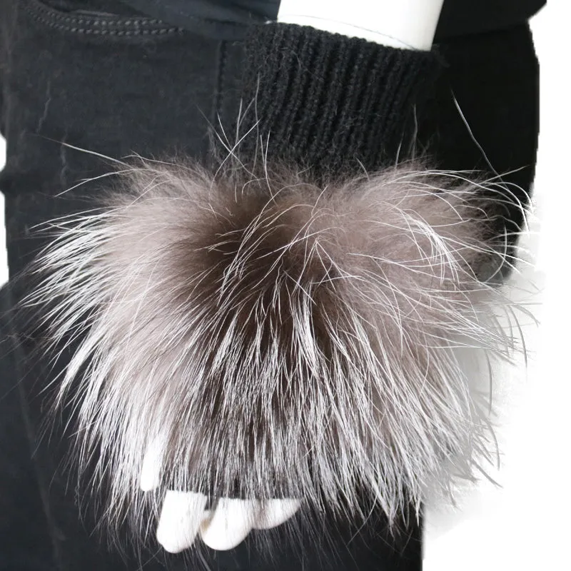 Black Cashmere Fingerless Gloves and Matching Hat with Fox Fur Pom