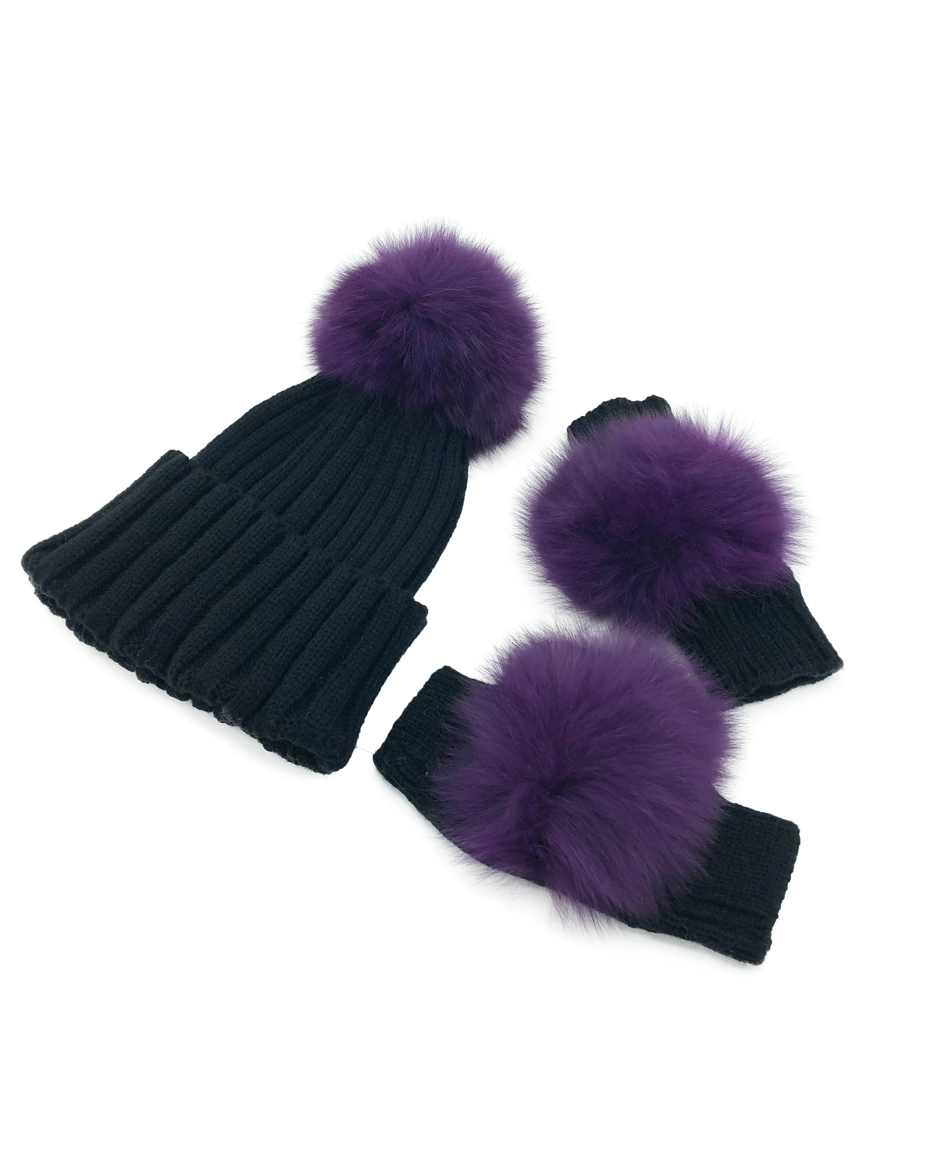 Black Cashmere Fingerless Gloves and Matching Hat with Fox Fur Pom