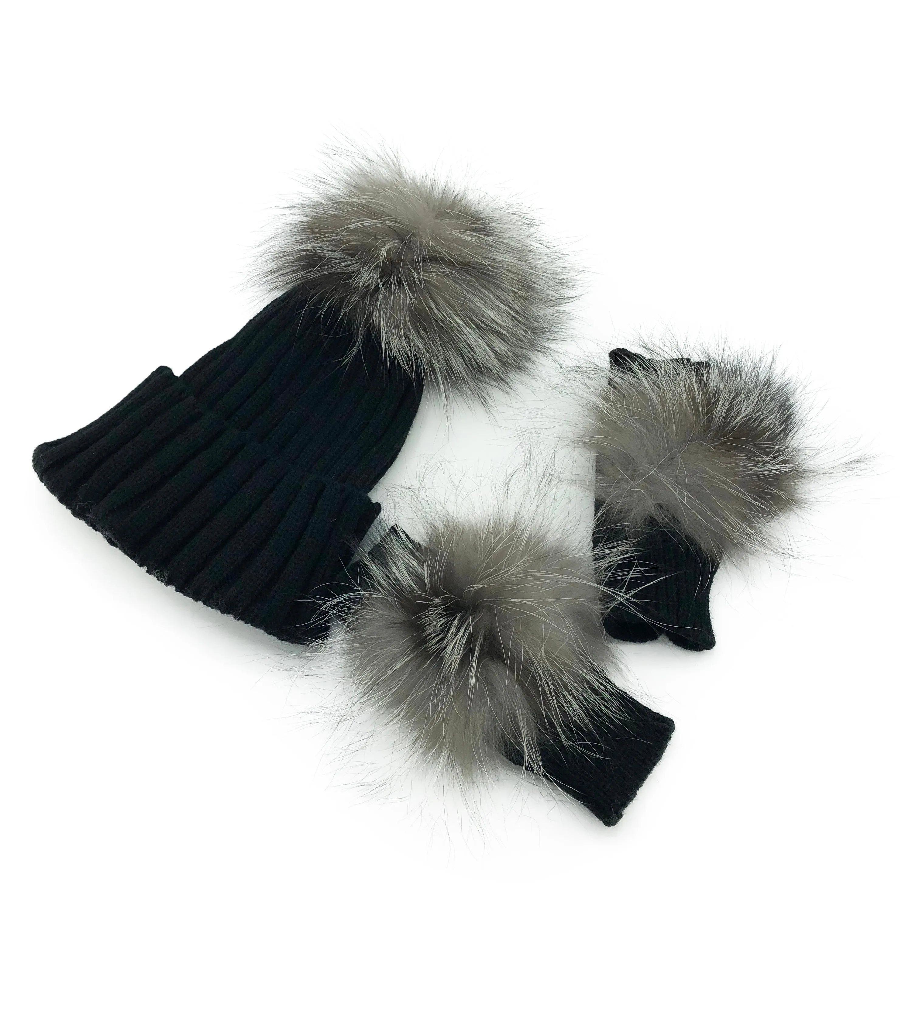 Black Cashmere Fingerless Gloves and Matching Hat with Fox Fur Pom