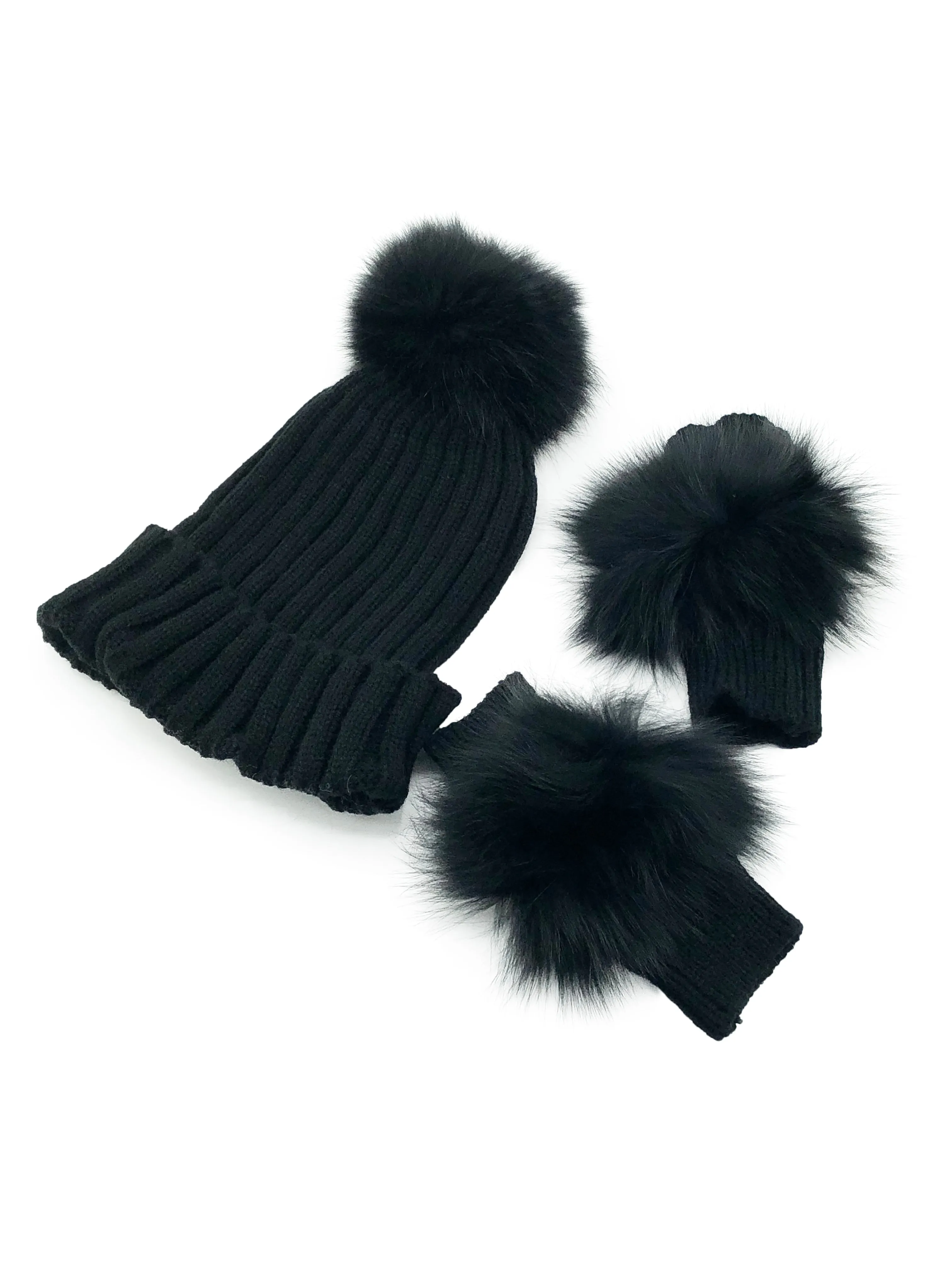 Black Cashmere Fingerless Gloves and Matching Hat with Fox Fur Pom