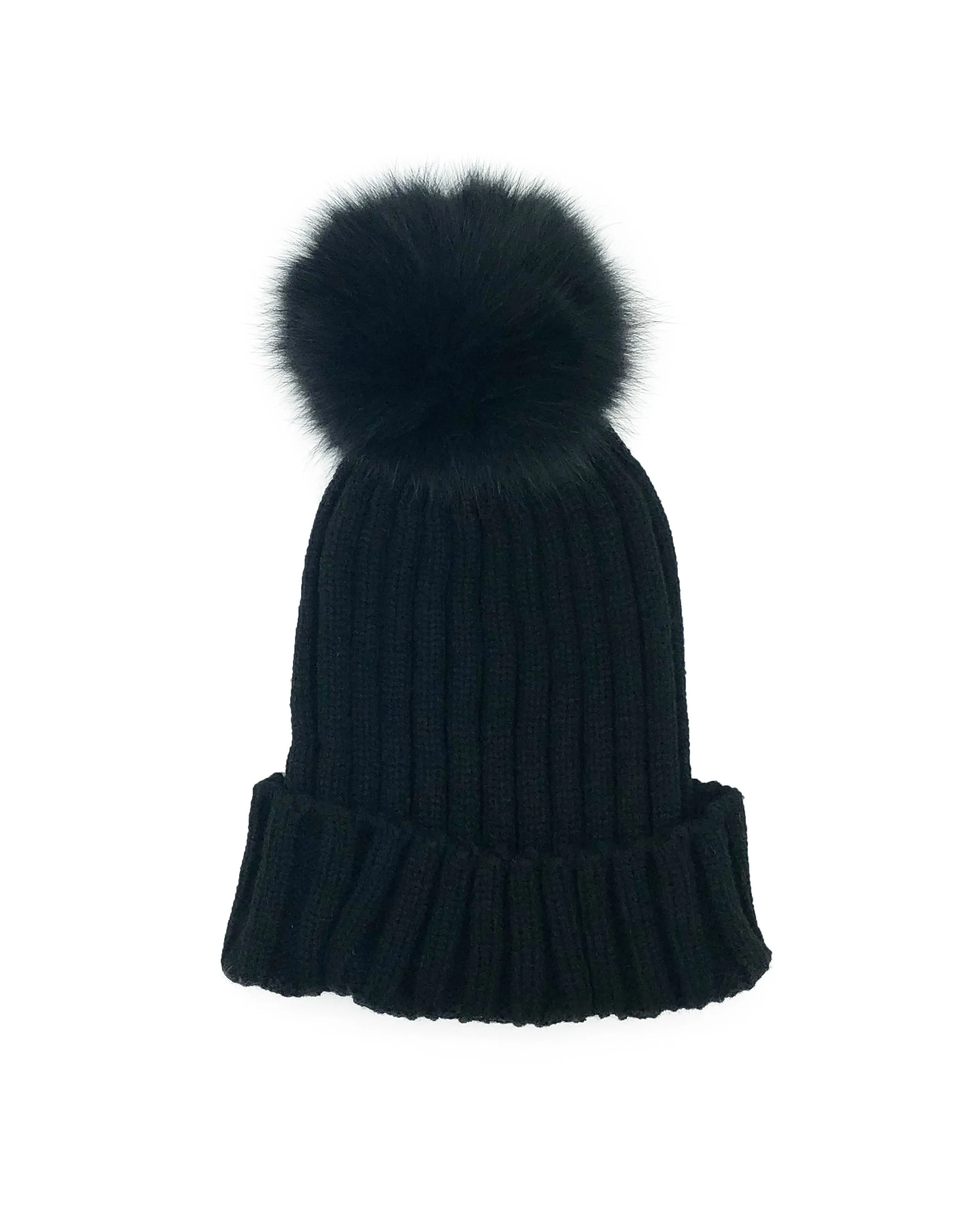 Black Cashmere Fingerless Gloves and Matching Hat with Fox Fur Pom