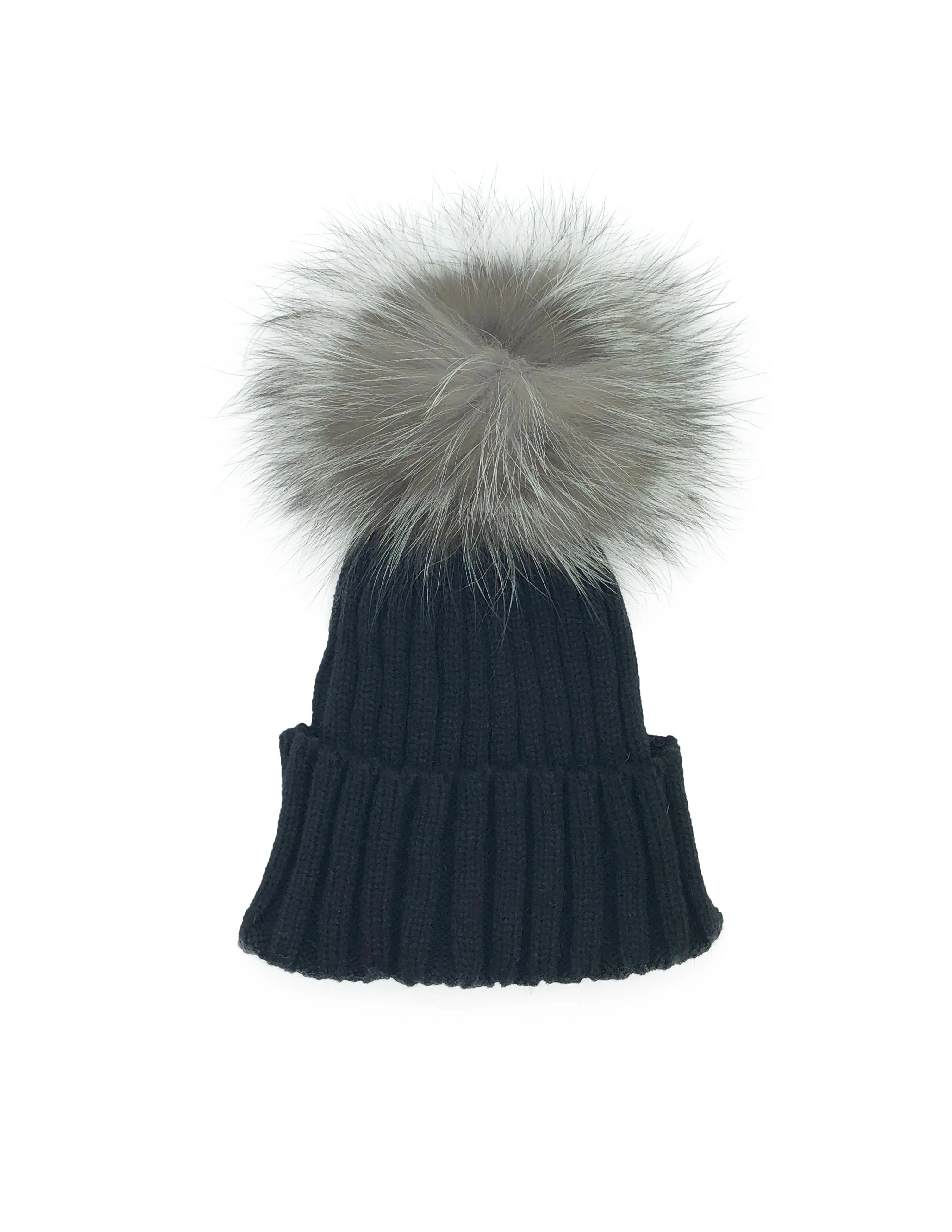 Black Cashmere Fingerless Gloves and Matching Hat with Fox Fur Pom