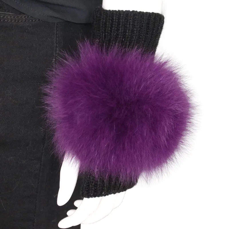 Black Cashmere Fingerless Gloves and Matching Hat with Fox Fur Pom