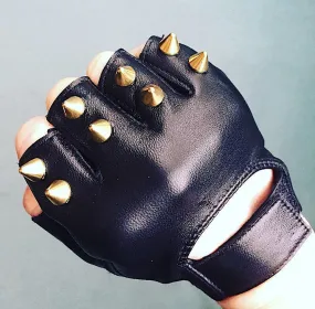 Black Leather Gloves w 2 Gold Spikes