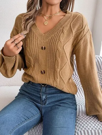 Cable-Knit Buttoned V-Neck Sweater