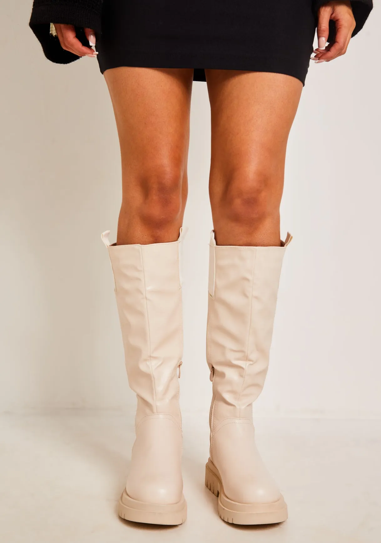 Chanda Beige Knee High Chunky Boots