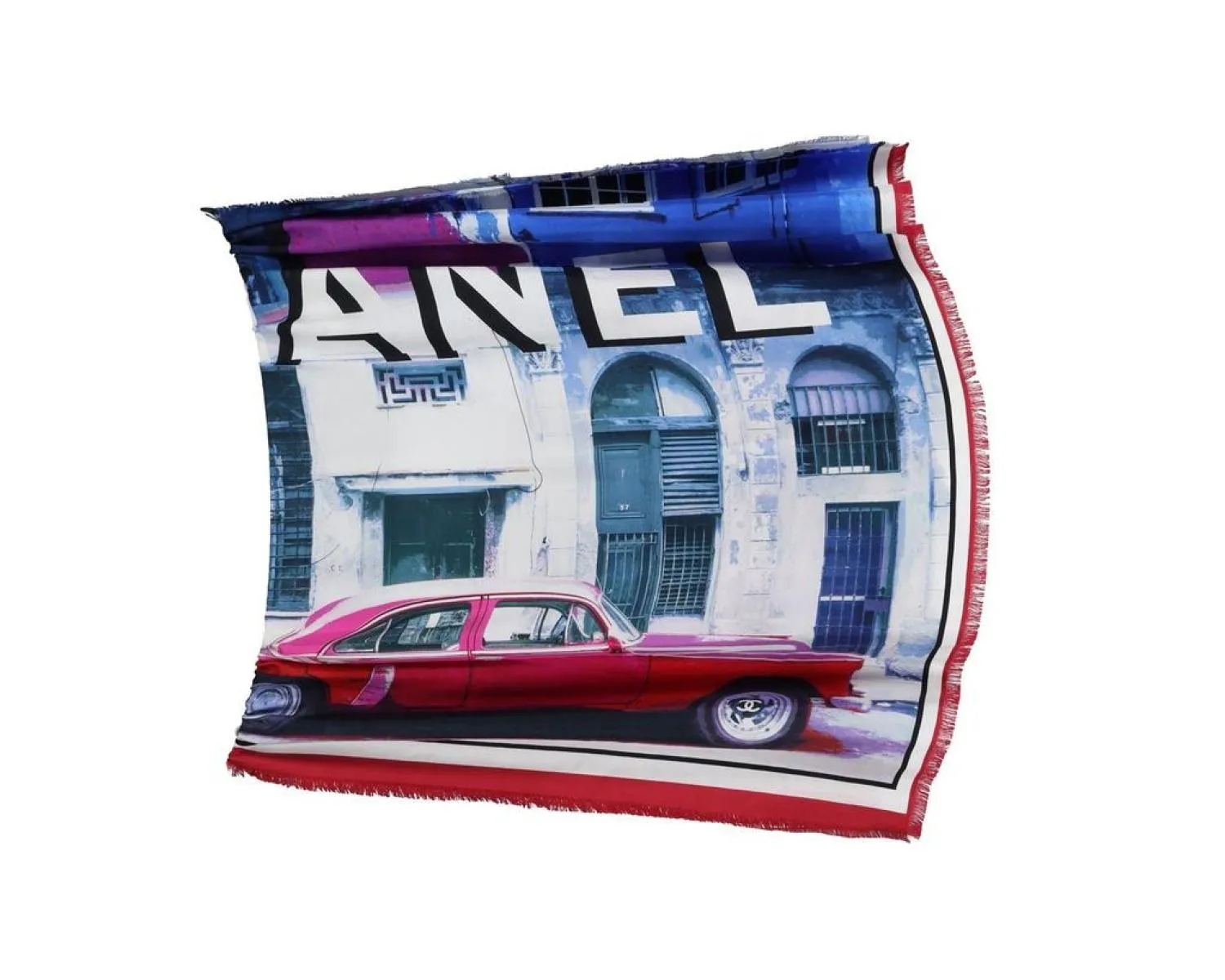 Chanel Cuba Cruise 2017 50s Cars Fringe Scarf in Multicolor Silk