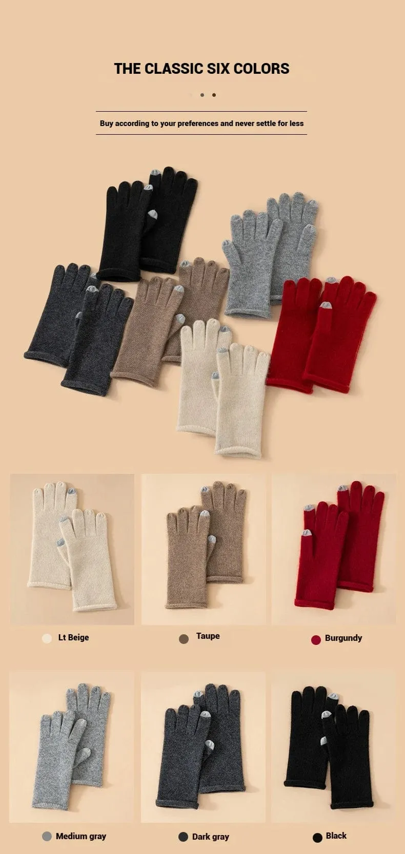 Classic Touchscreen 100% Cashmere Autumn Winter Thermal Gloves