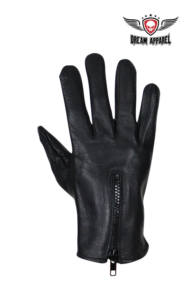 Deer Skin Leather Gloves W/ Zipper - Black