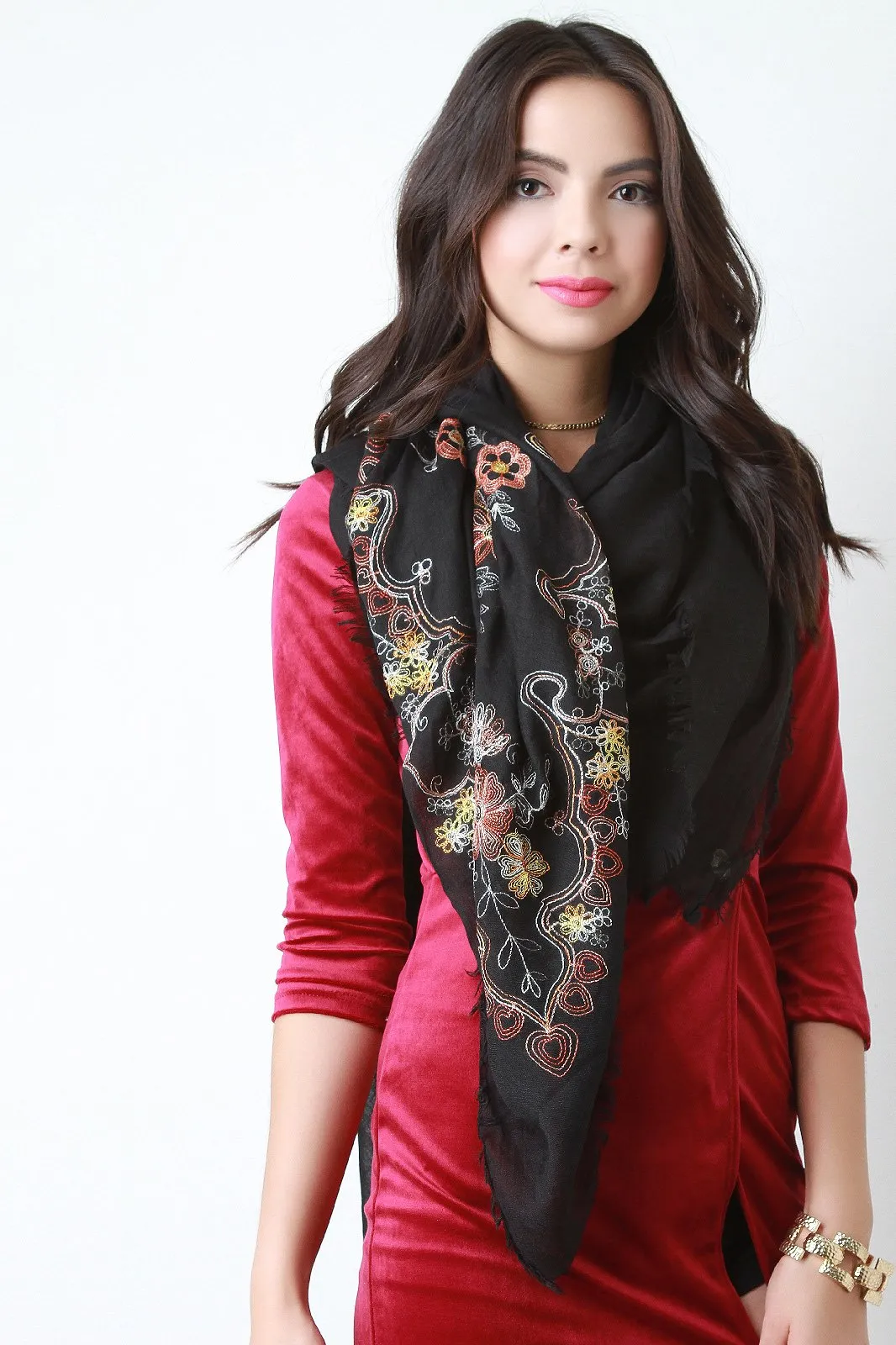 Floral Embroidered Frayed Scarf