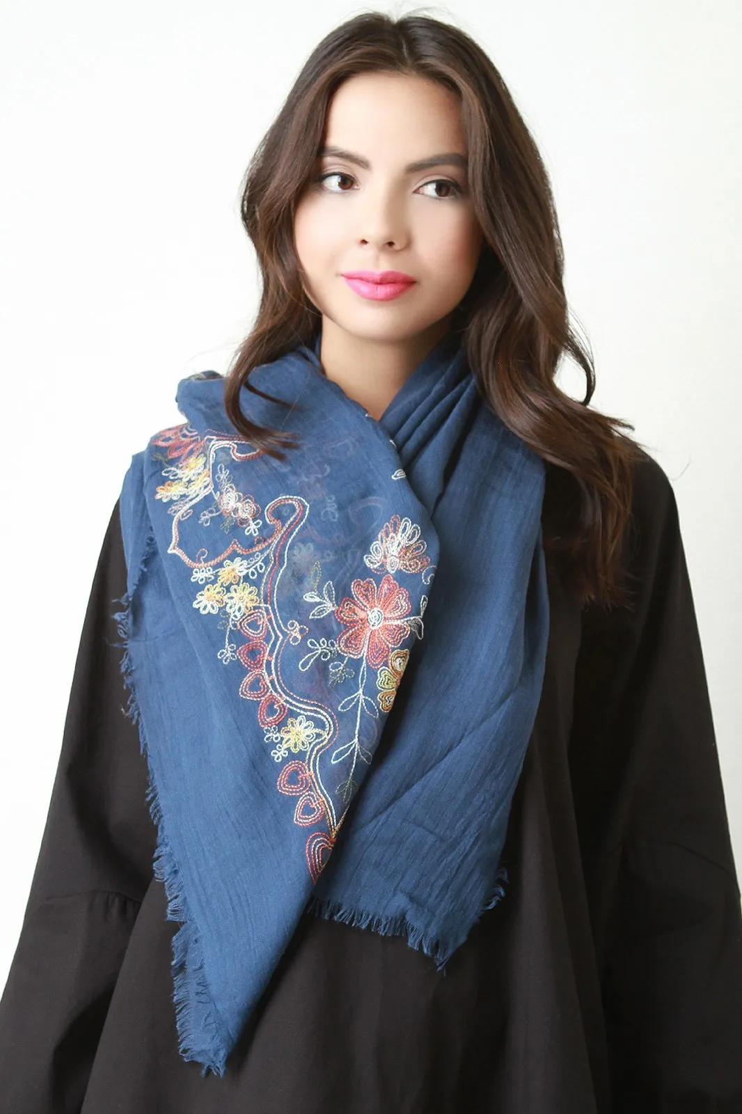 Floral Embroidered Frayed Scarf