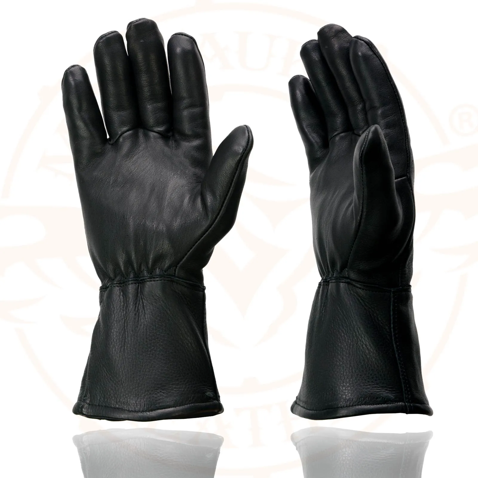 G317 Men's Gauntlet Motorcycle Hand Gloves- Black Deerskin Long Cuff Thermal Lined Leather Palm - G317