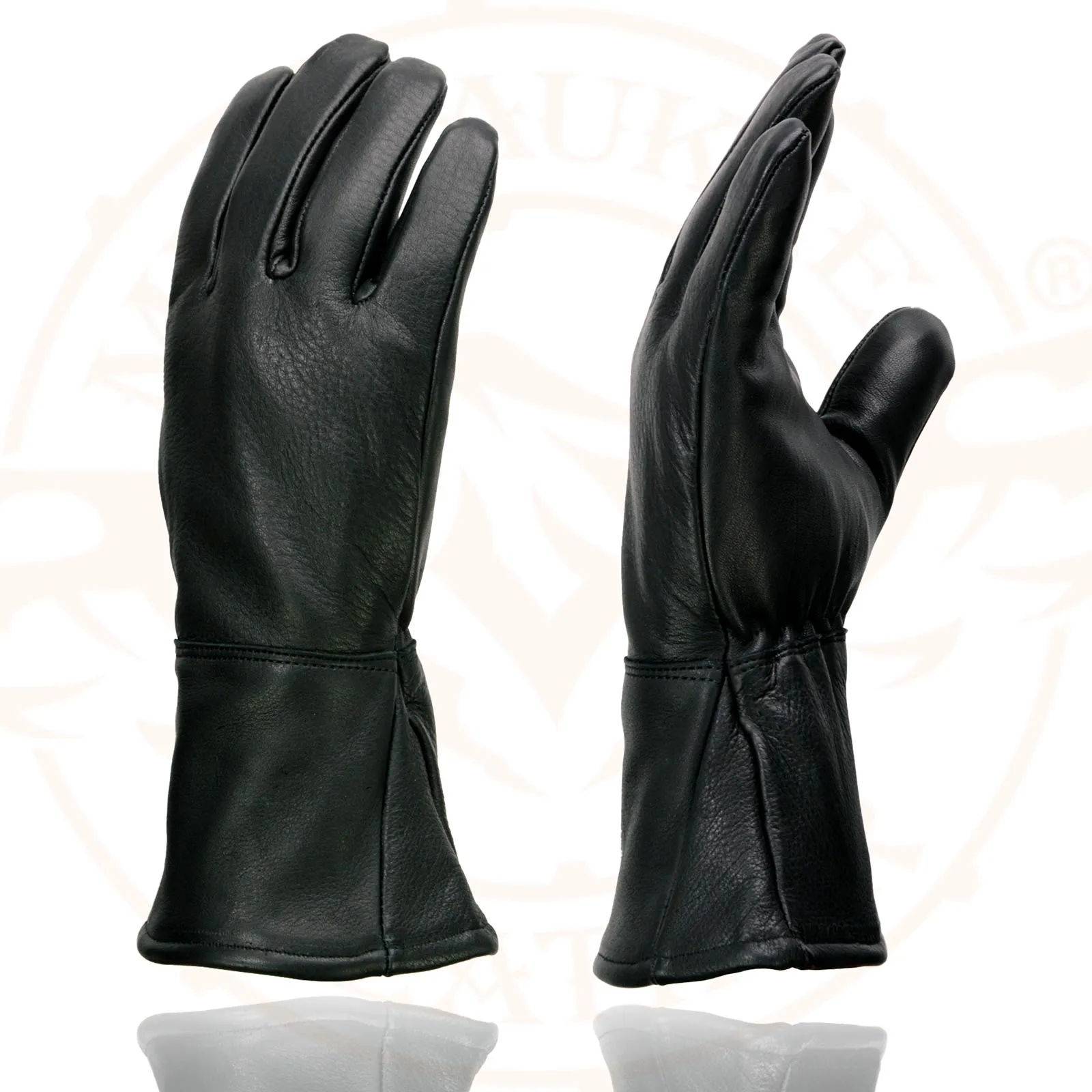 G317 Men's Gauntlet Motorcycle Hand Gloves- Black Deerskin Long Cuff Thermal Lined Leather Palm - G317