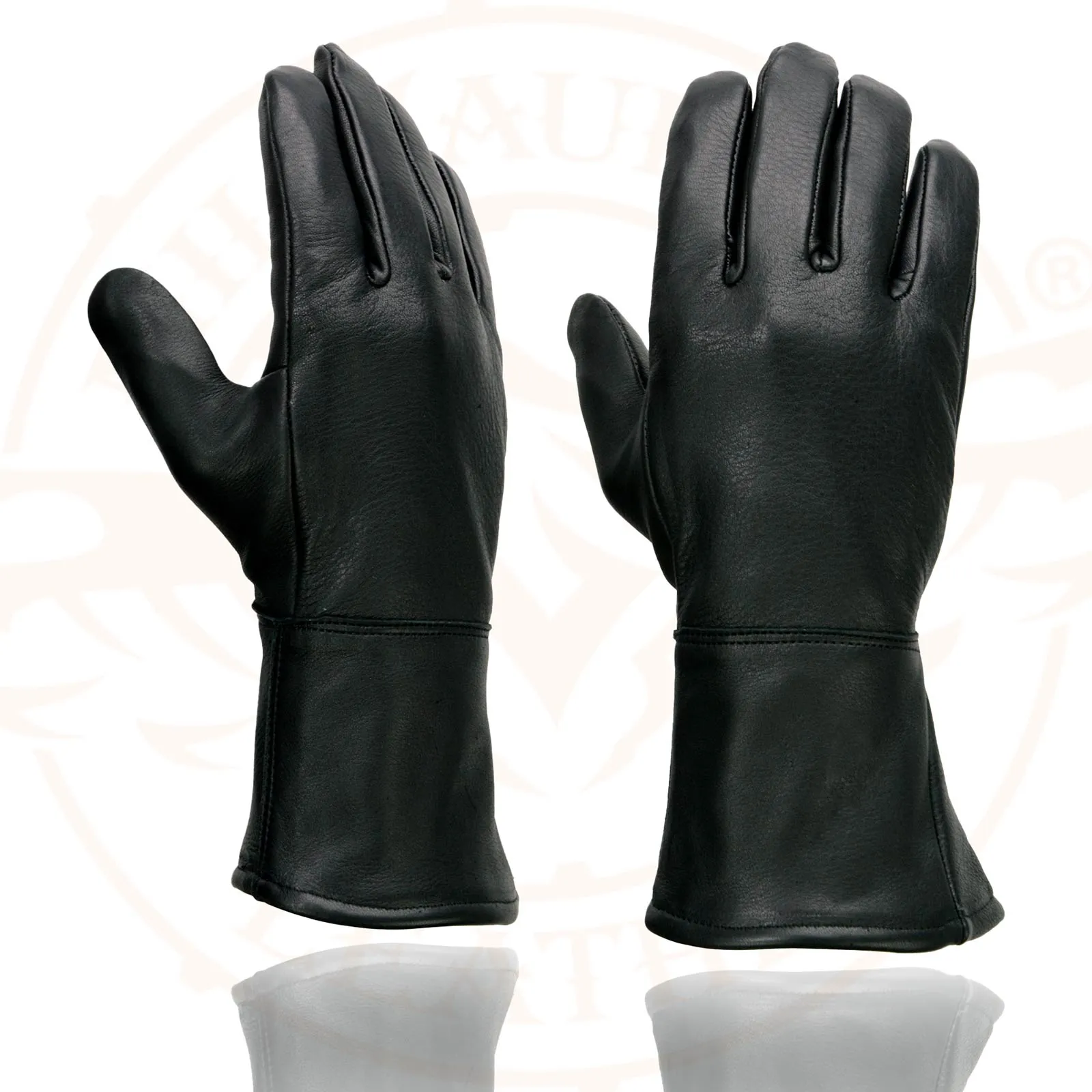 G317 Men's Gauntlet Motorcycle Hand Gloves- Black Deerskin Long Cuff Thermal Lined Leather Palm - G317