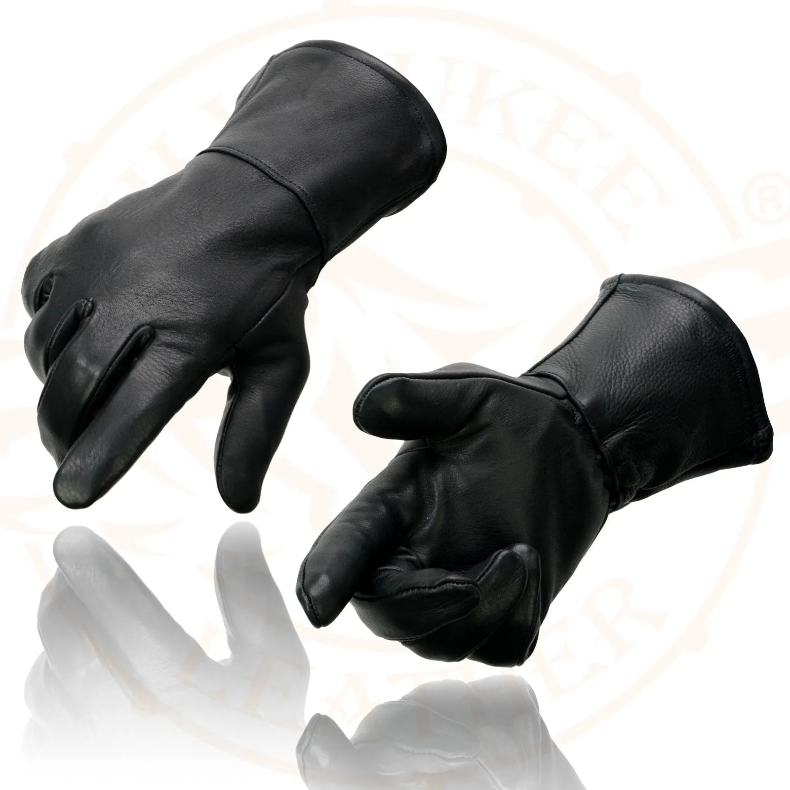 G317 Men's Gauntlet Motorcycle Hand Gloves- Black Deerskin Long Cuff Thermal Lined Leather Palm - G317