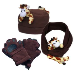 Giraffe on Brown Fleece Buddy Hat, Scarf & Mittens