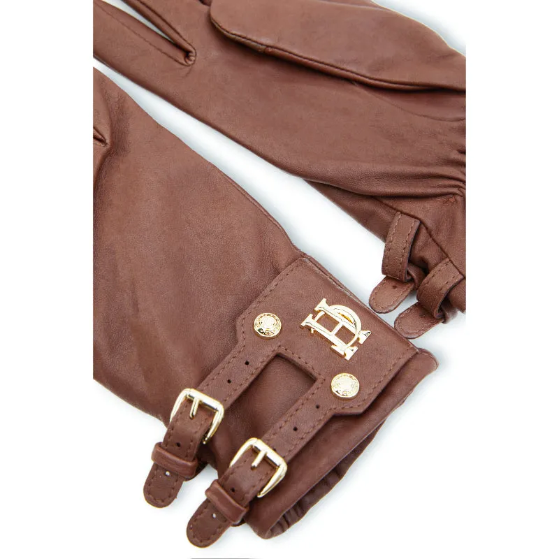 Holland Cooper Monogram Leather Ladies Wool Cashmere Lined Gloves - Tan