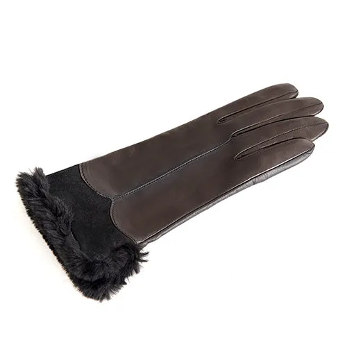 Ladies' touchscreen leather gloves with faux fur cuff, cashmere lining