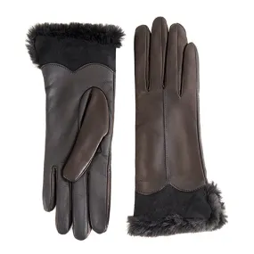 Ladies' touchscreen leather gloves with faux fur cuff, cashmere lining