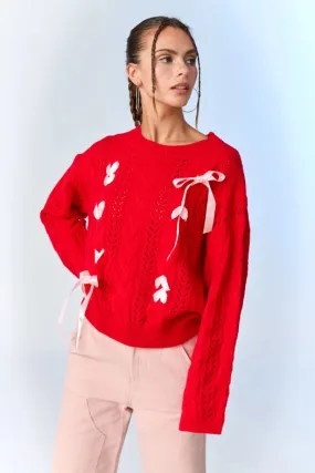 Lia Cable Knit Lace Up Sweater Red