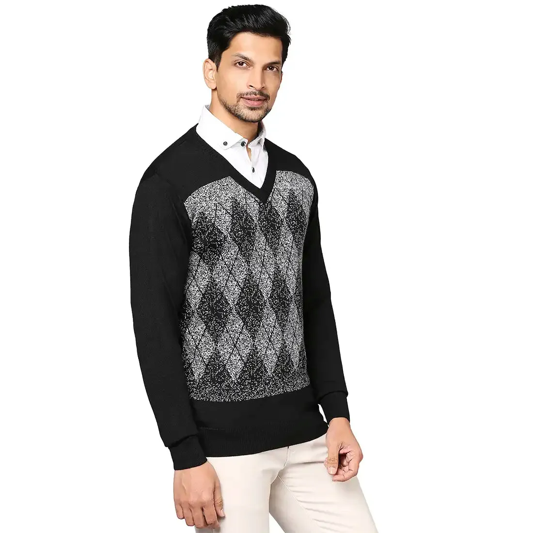 Men Black Argyle Wool Blend Full Sleeve V Neck Collar Sweaters