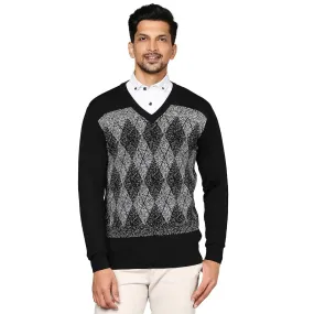 Men Black Argyle Wool Blend Full Sleeve V Neck Collar Sweaters