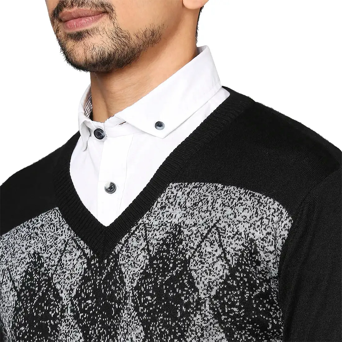 Men Black Argyle Wool Blend Full Sleeve V Neck Collar Sweaters