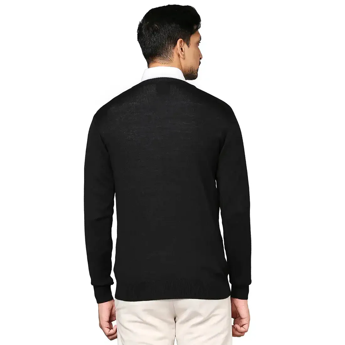 Men Black Argyle Wool Blend Full Sleeve V Neck Collar Sweaters