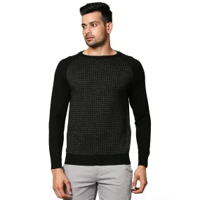 Men Black Jacquard Wool Blend Round Collar Sweaters