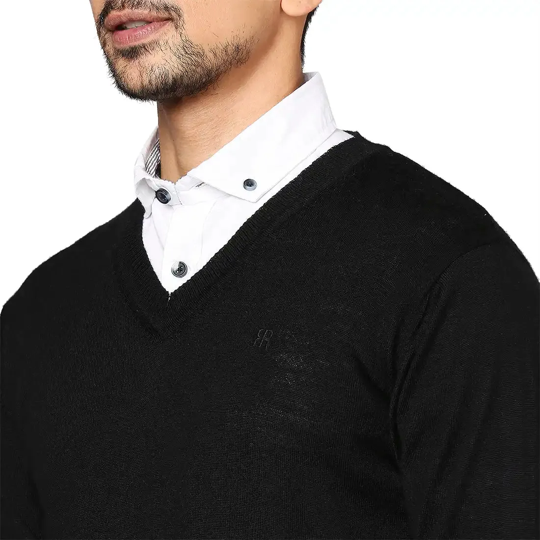 Men Black Solid Merino Wool Full Sleeve V Neck Collar Sweaters