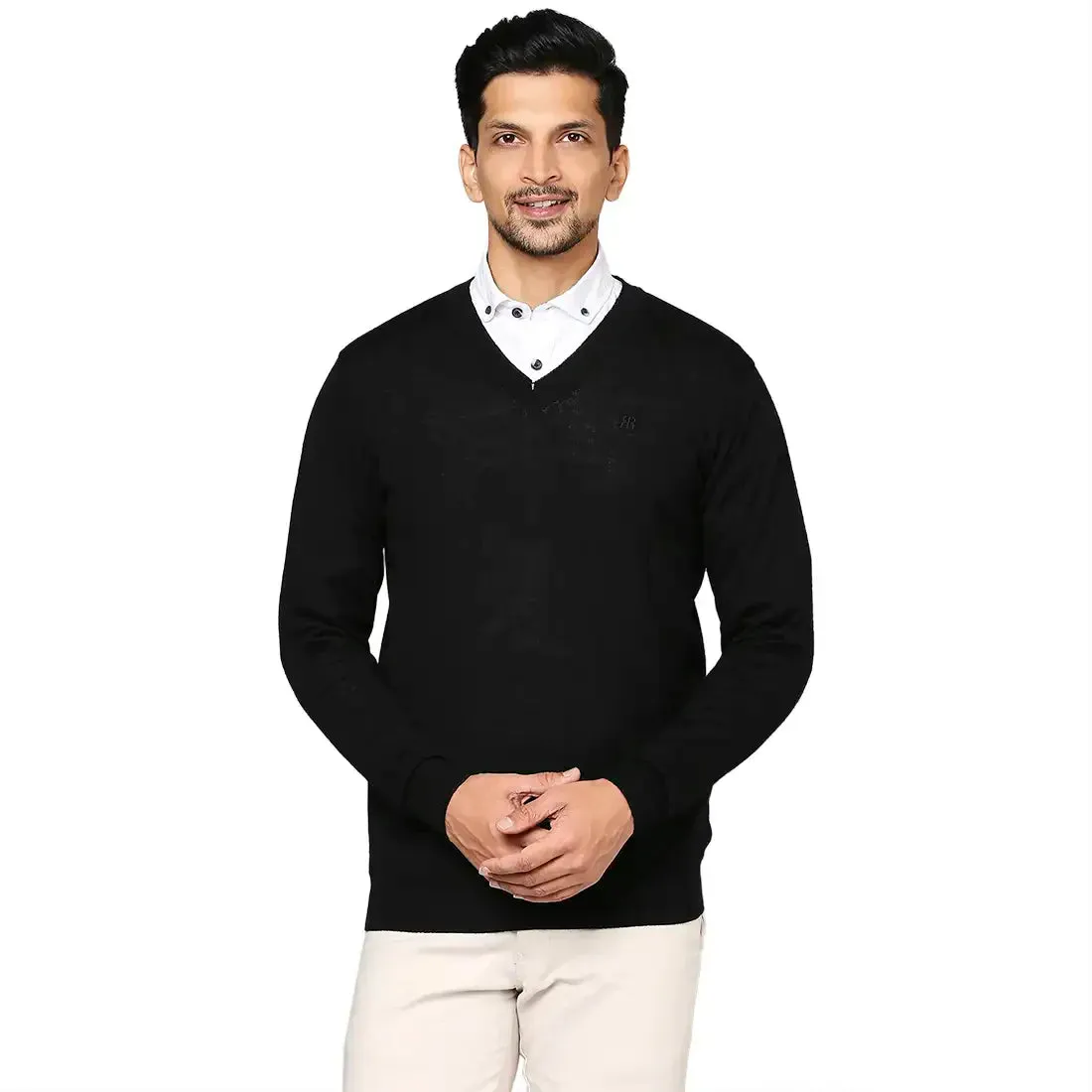 Men Black Solid Merino Wool Full Sleeve V Neck Collar Sweaters