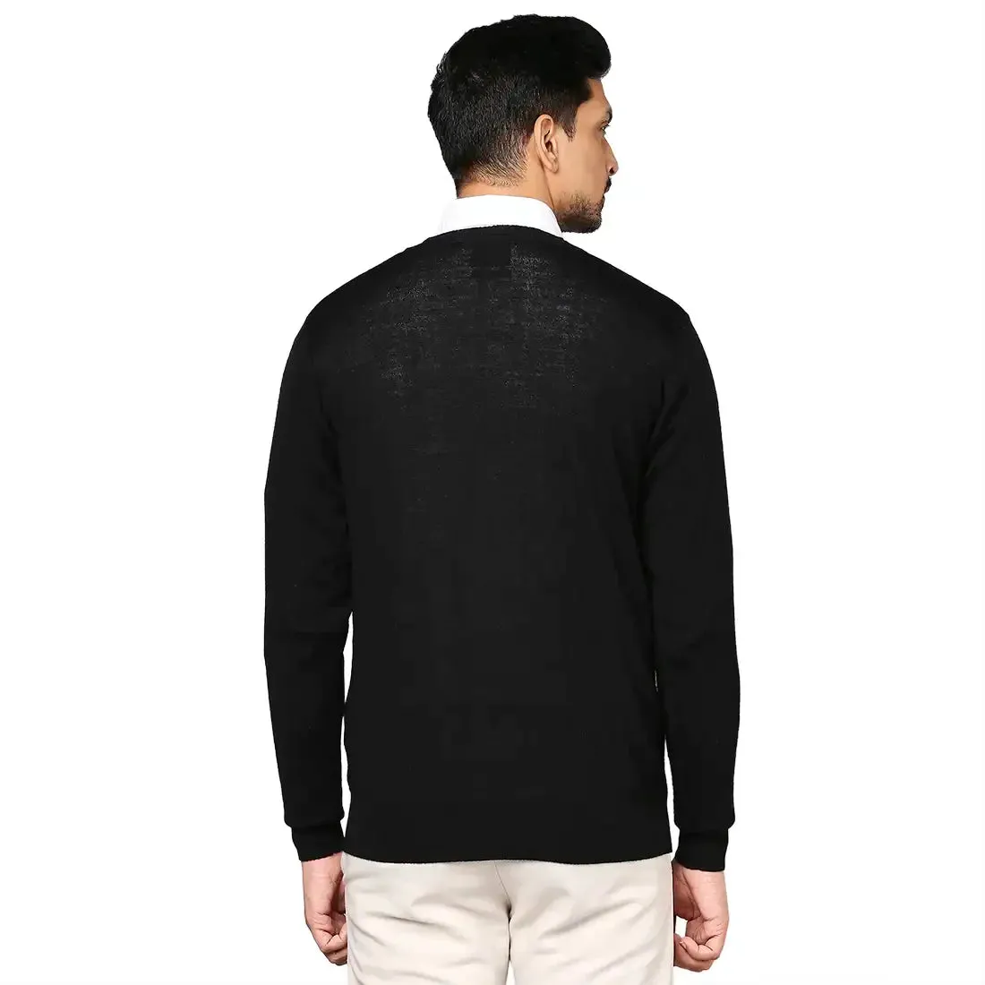 Men Black Solid Merino Wool Full Sleeve V Neck Collar Sweaters