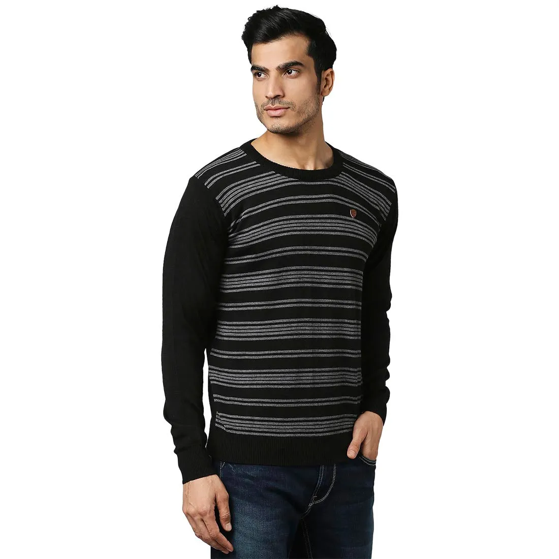 Men Black Stripe Acrylic Wool Blend Round Collar Sweaters