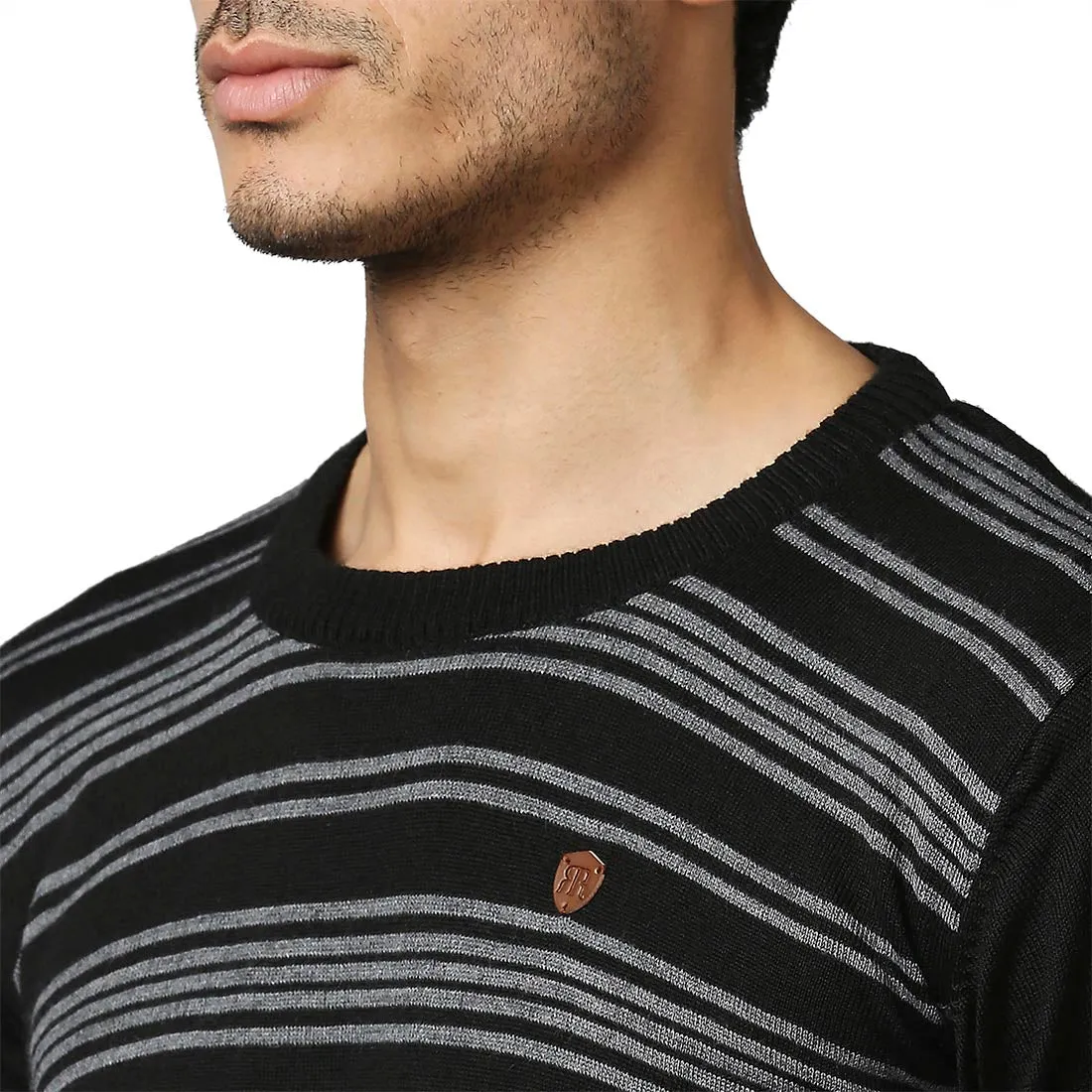 Men Black Stripe Acrylic Wool Blend Round Collar Sweaters