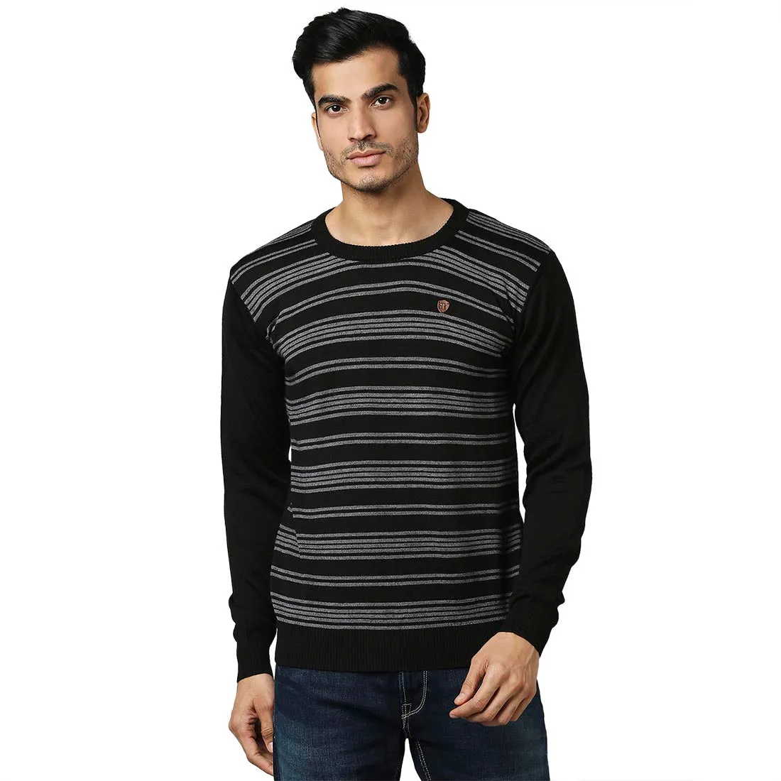 Men Black Stripe Acrylic Wool Blend Round Collar Sweaters