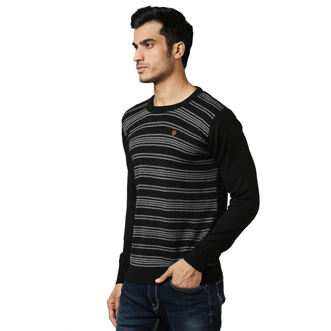 Men Black Stripe Acrylic Wool Blend Round Collar Sweaters