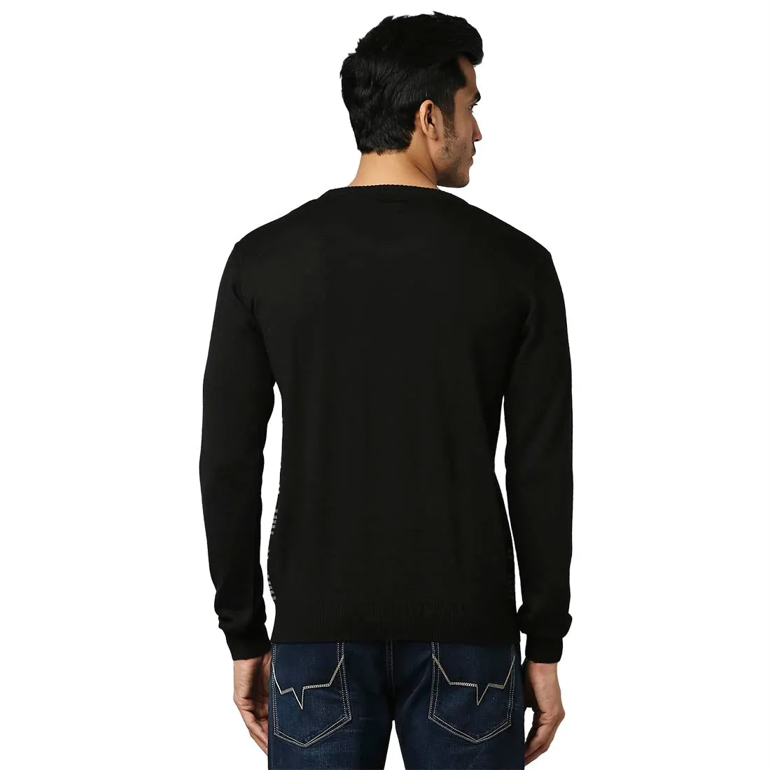 Men Black Stripe Acrylic Wool Blend Round Collar Sweaters