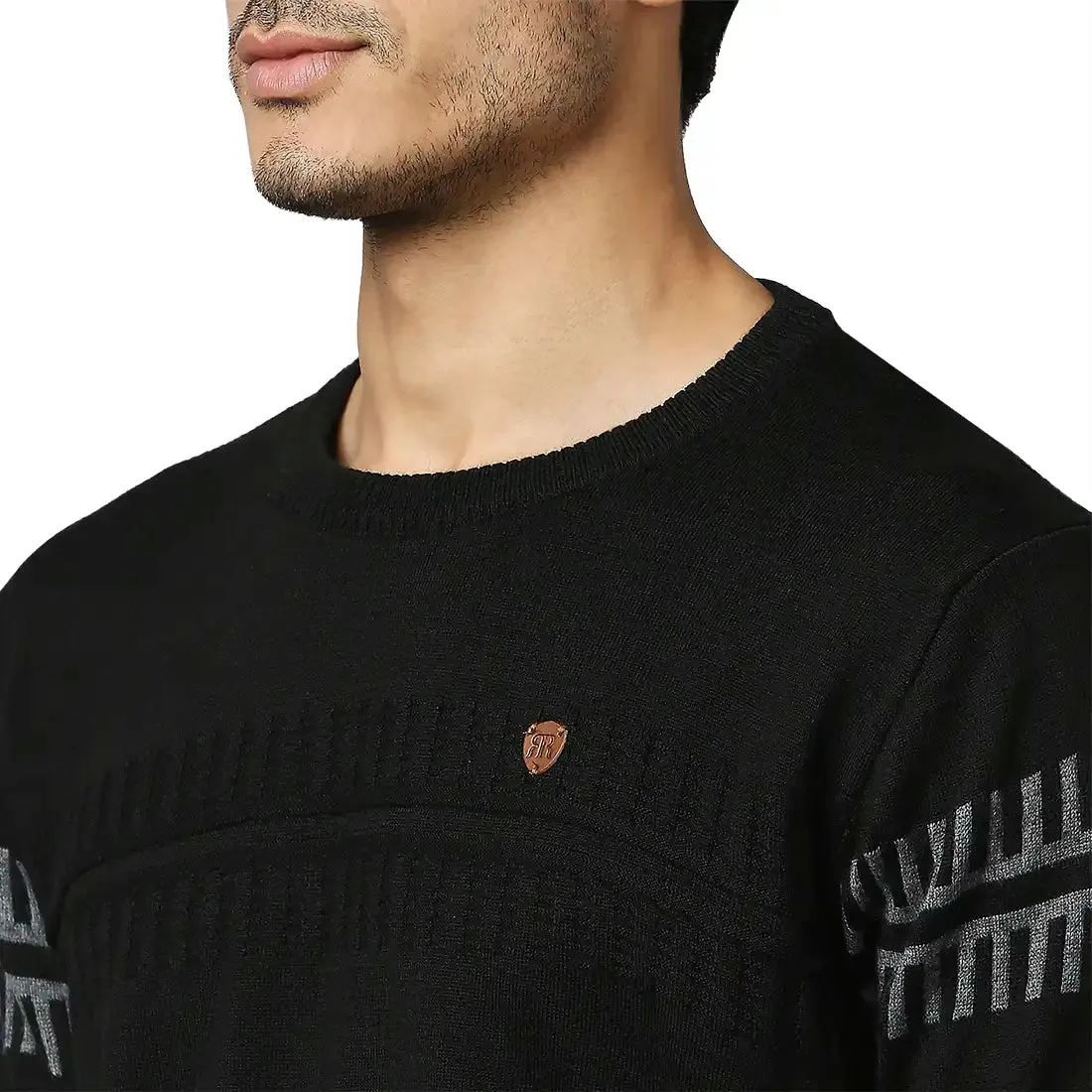 Men Black Structure Self Acrylic Wool Blend Round Collar Sweaters