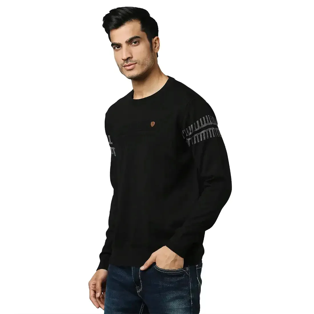 Men Black Structure Self Acrylic Wool Blend Round Collar Sweaters