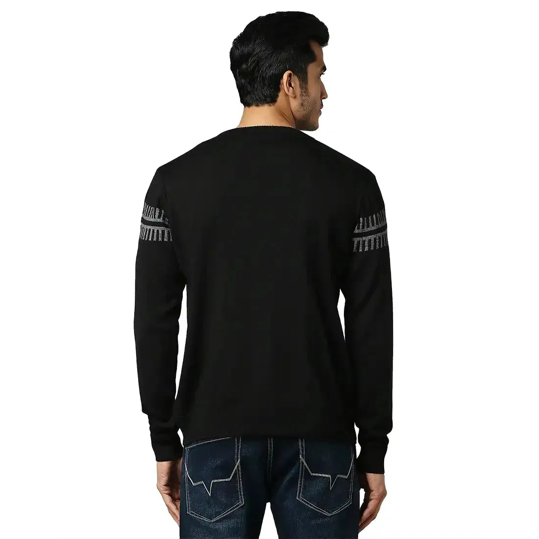 Men Black Structure Self Acrylic Wool Blend Round Collar Sweaters