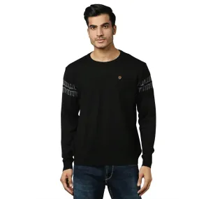 Men Black Structure Self Acrylic Wool Blend Round Collar Sweaters