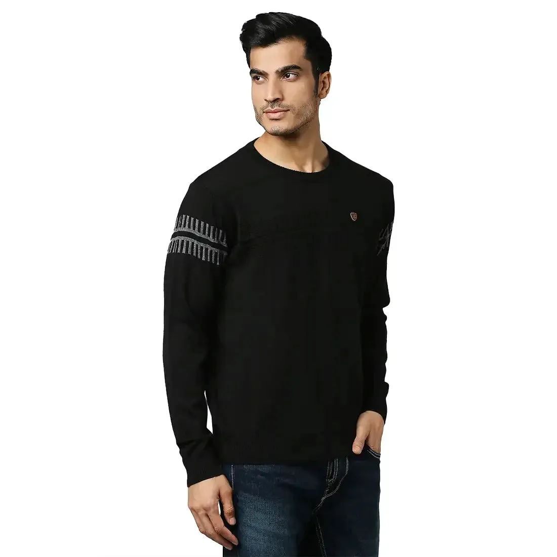 Men Black Structure Self Acrylic Wool Blend Round Collar Sweaters