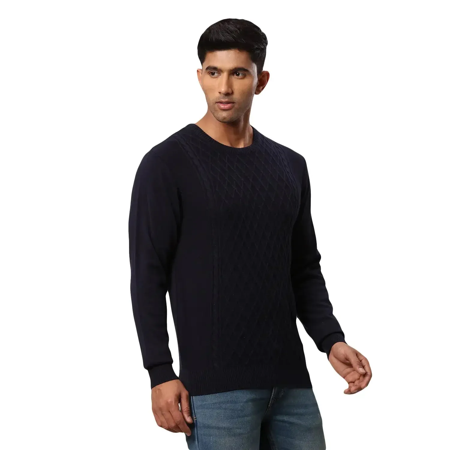 Men Blue Argyle Acrylic Wool Blend Round Collar Sweaters