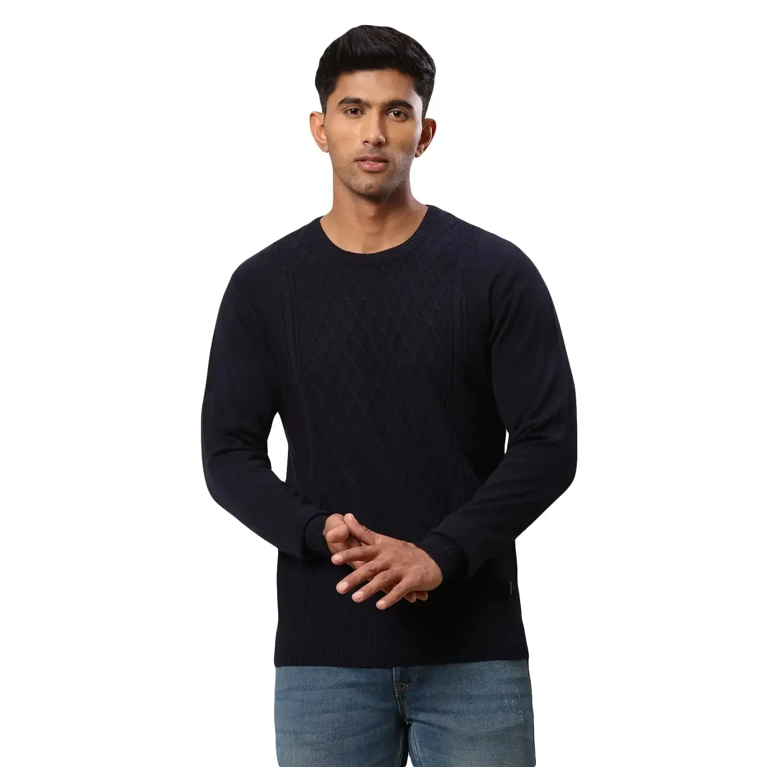 Men Blue Argyle Acrylic Wool Blend Round Collar Sweaters