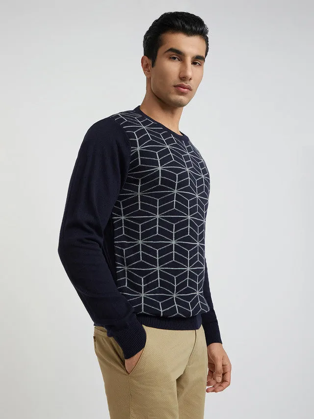 Men Blue Jacquard Acrylic Wool Blend Round Collar Sweaters