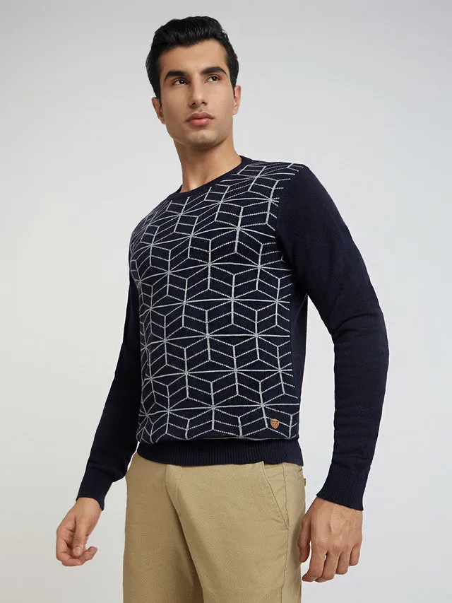 Men Blue Jacquard Acrylic Wool Blend Round Collar Sweaters