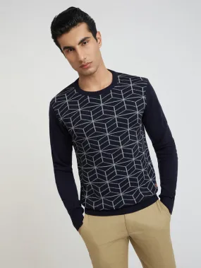 Men Blue Jacquard Acrylic Wool Blend Round Collar Sweaters