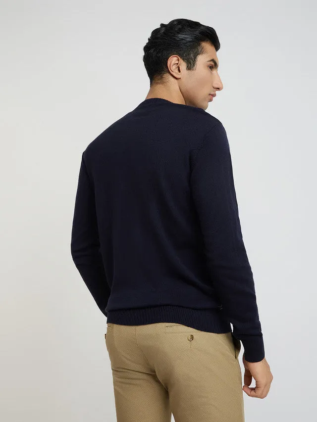 Men Blue Jacquard Acrylic Wool Blend Round Collar Sweaters